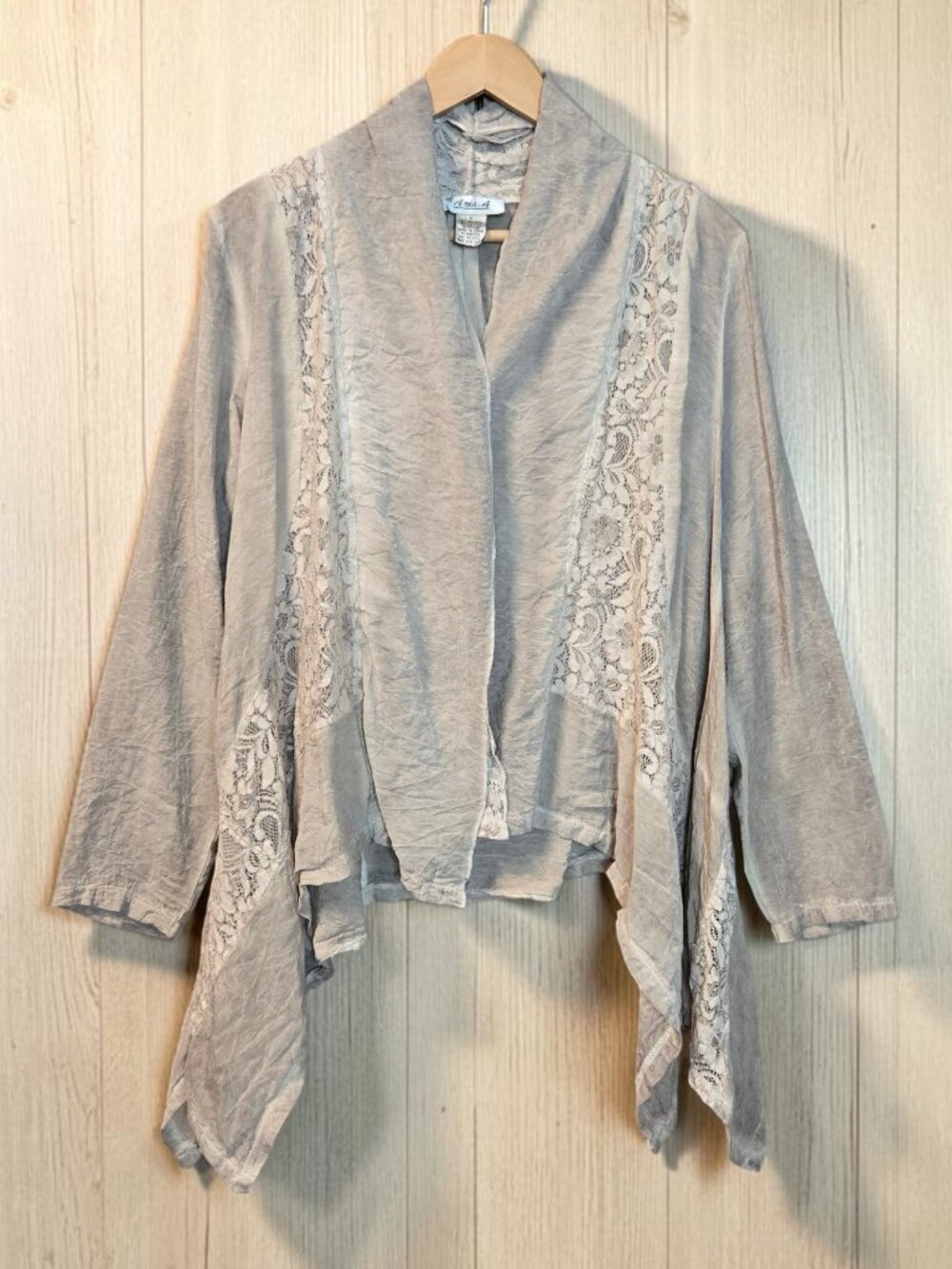 Aris A. Sheer Crinkle Style Cardigan Womens Champaigne Sheer Floral Lace Drape M
